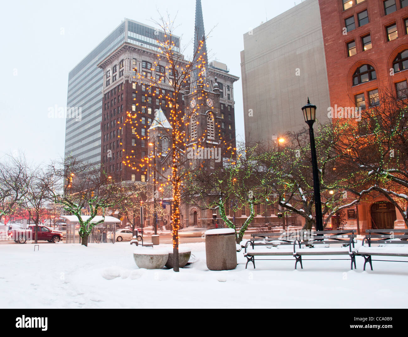 Downtown Cleveland with Snow, Lit Up During Christmas. Stock Photo