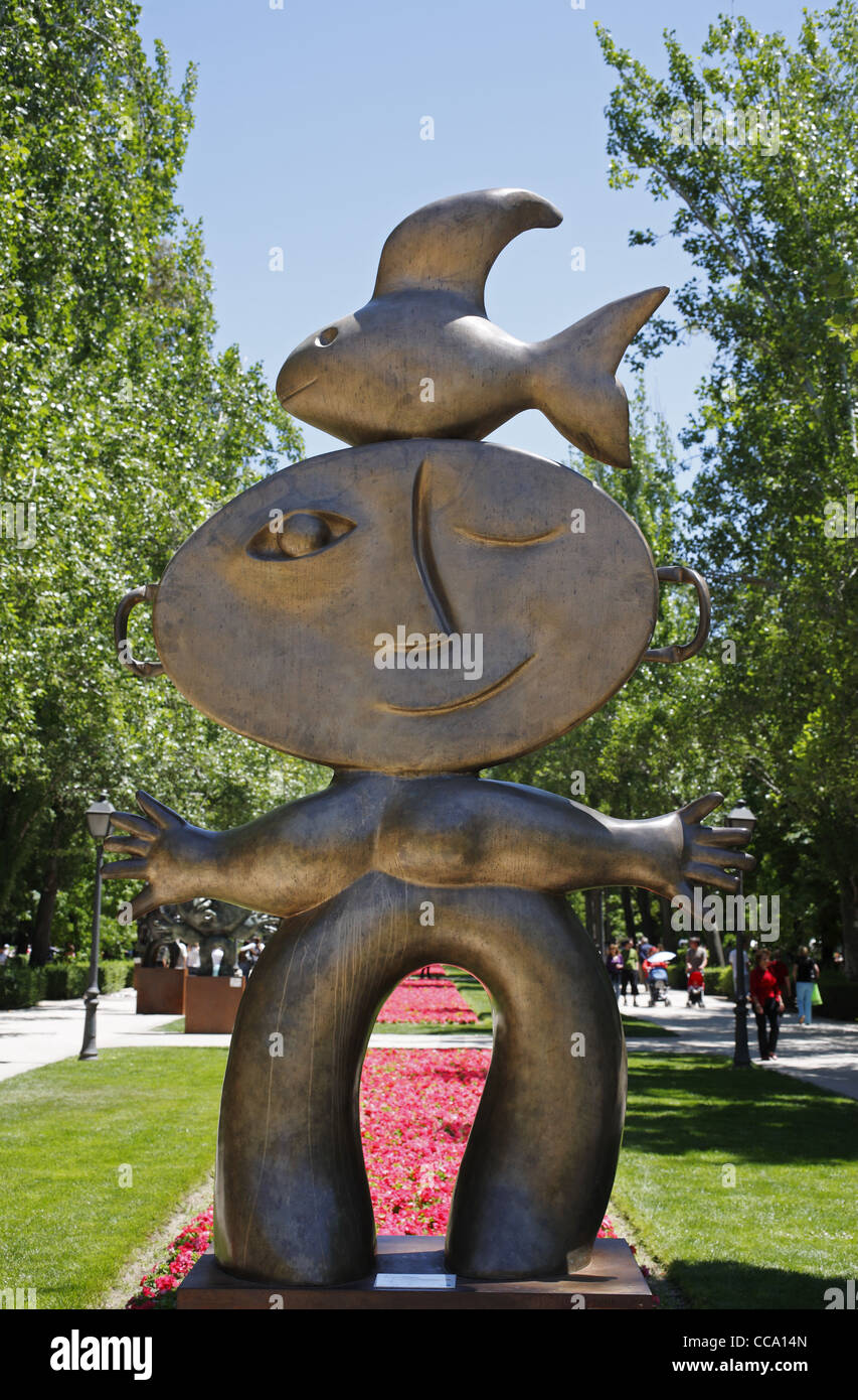 Niño del Pez (Fish Child) sculpture, exhibition Universo Urbano by the sculptor Juan Ripollés, Retiro Park in Madrid, Spain Stock Photo