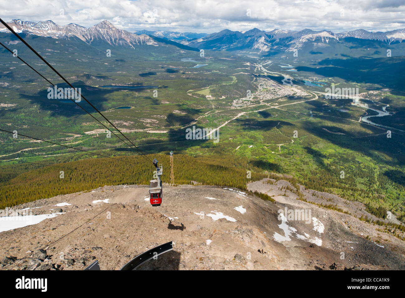 The Jasper tramway gondola approaches the upper terminal with the town