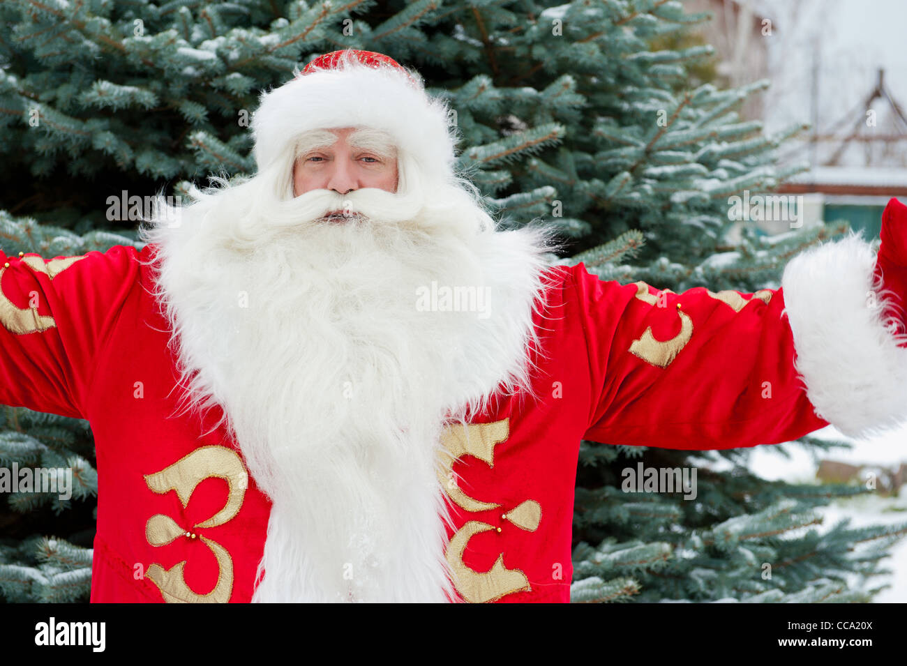 Portrait of Santa Claus standing with open hands outdoors at christmas ...