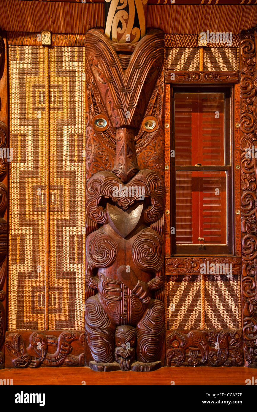 Waitangi Treaty Grounds, New Zealand. Maori Wood Carving inside Meeting House. Stock Photo