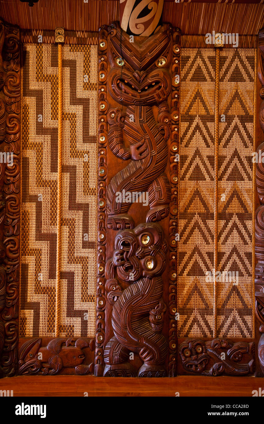 Waitangi Treaty Grounds, New Zealand. Maori Wood Carving inside Meeting House. Stock Photo