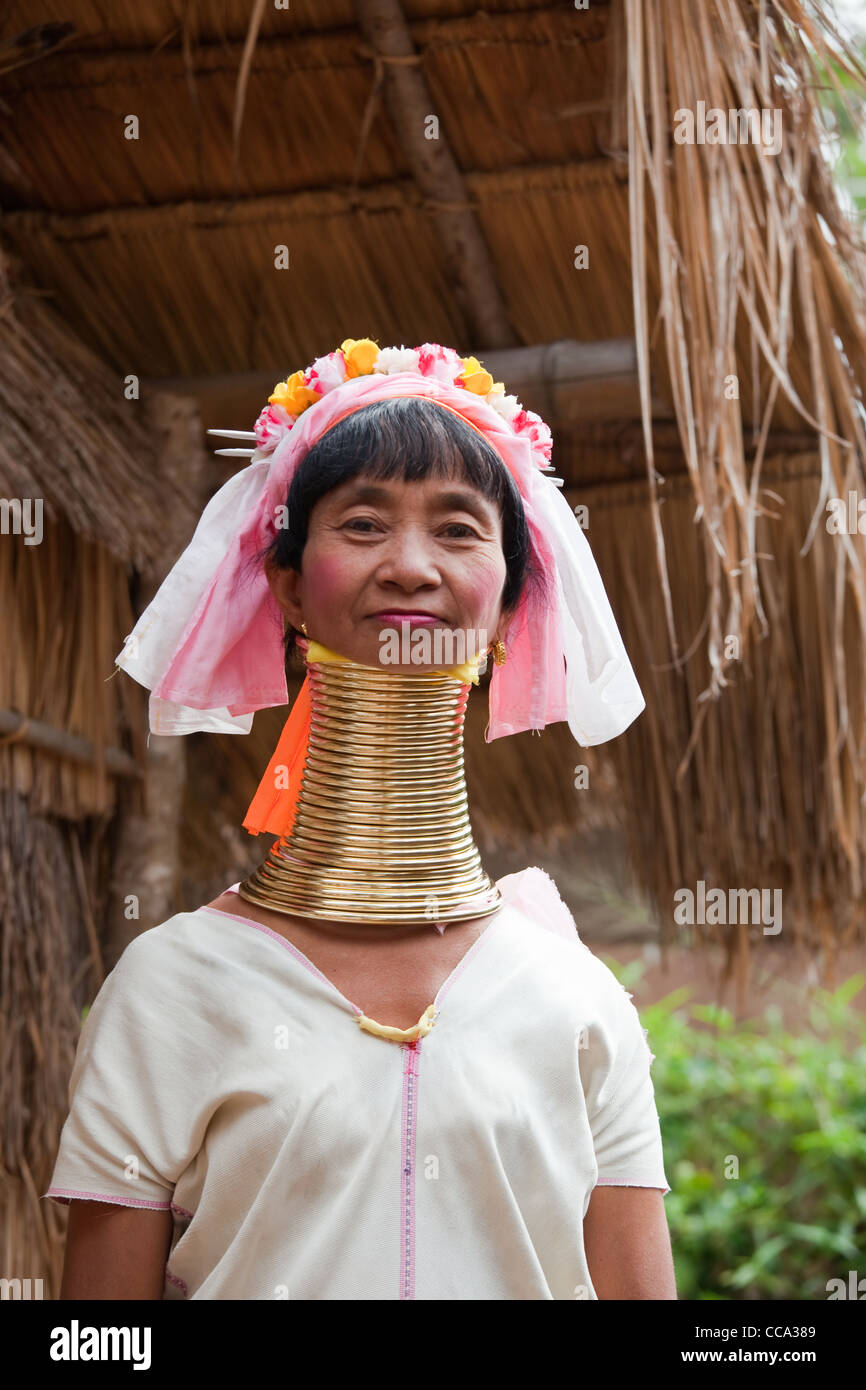 A mature women of the Long-neck women Padaung Tribe Stock Photo