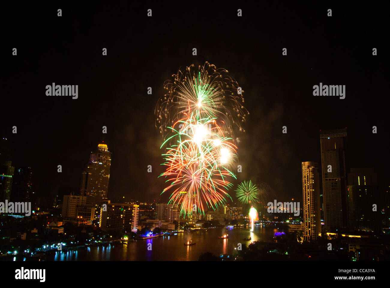 2012 New Year Fireworks over Chao Phraya River in Bangkok Stock Photo