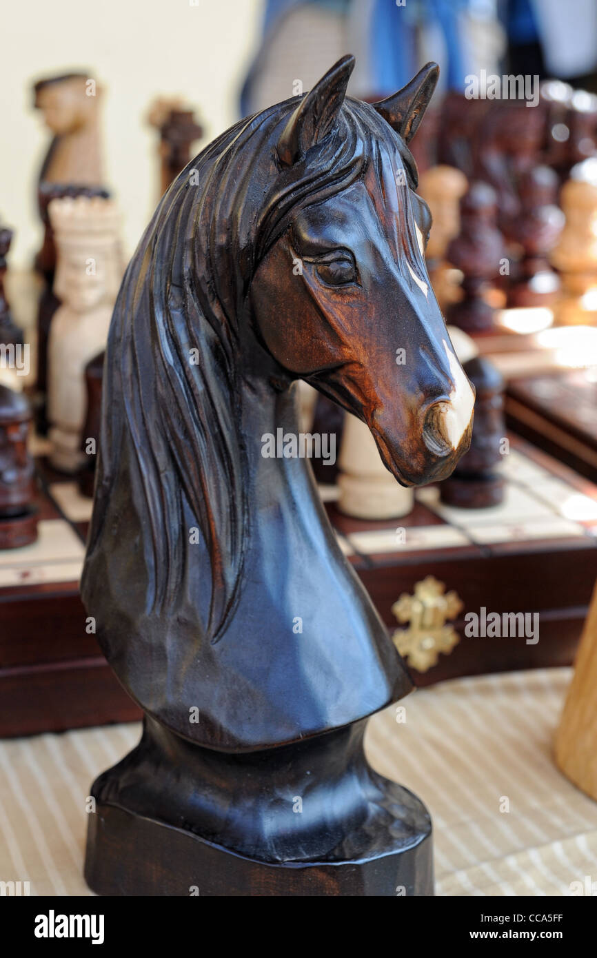 wooden chess piece a horse head Stock Photo Alamy