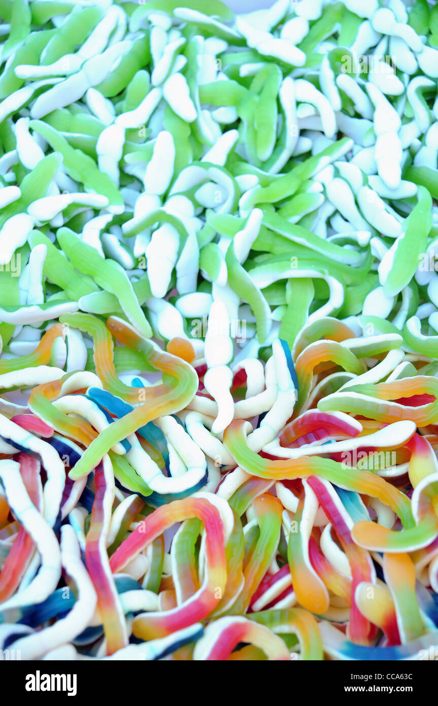 colorful worm shaped gummy candies Stock Photo