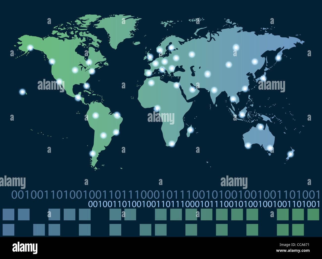World map with hot points of connections network and servers locations ...