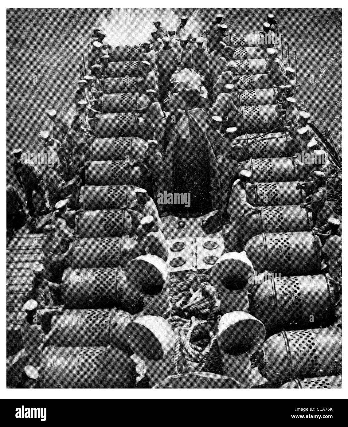 1917 Italian Mine field marine mining Naval Navy bomb explosive sailor sailors laying depth charge ship submarine Stock Photo
