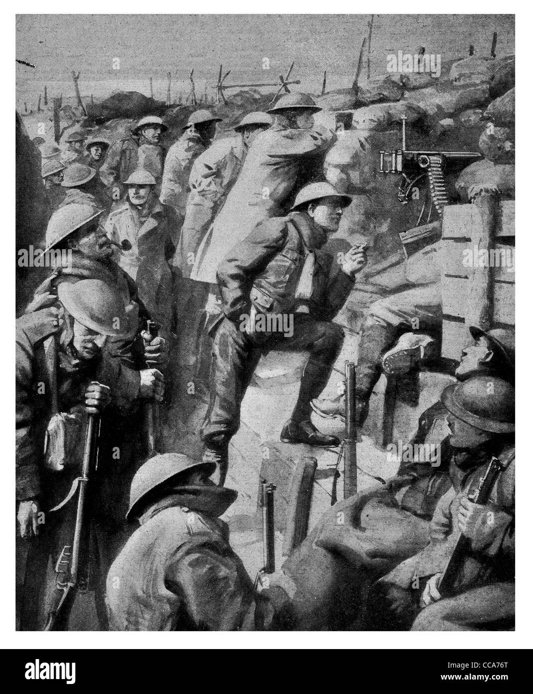 1918 Western front quiet trench machine gun waiting maxim rifle helmet uniform sand bag fear waiting stealth barbed wire nervous Stock Photo