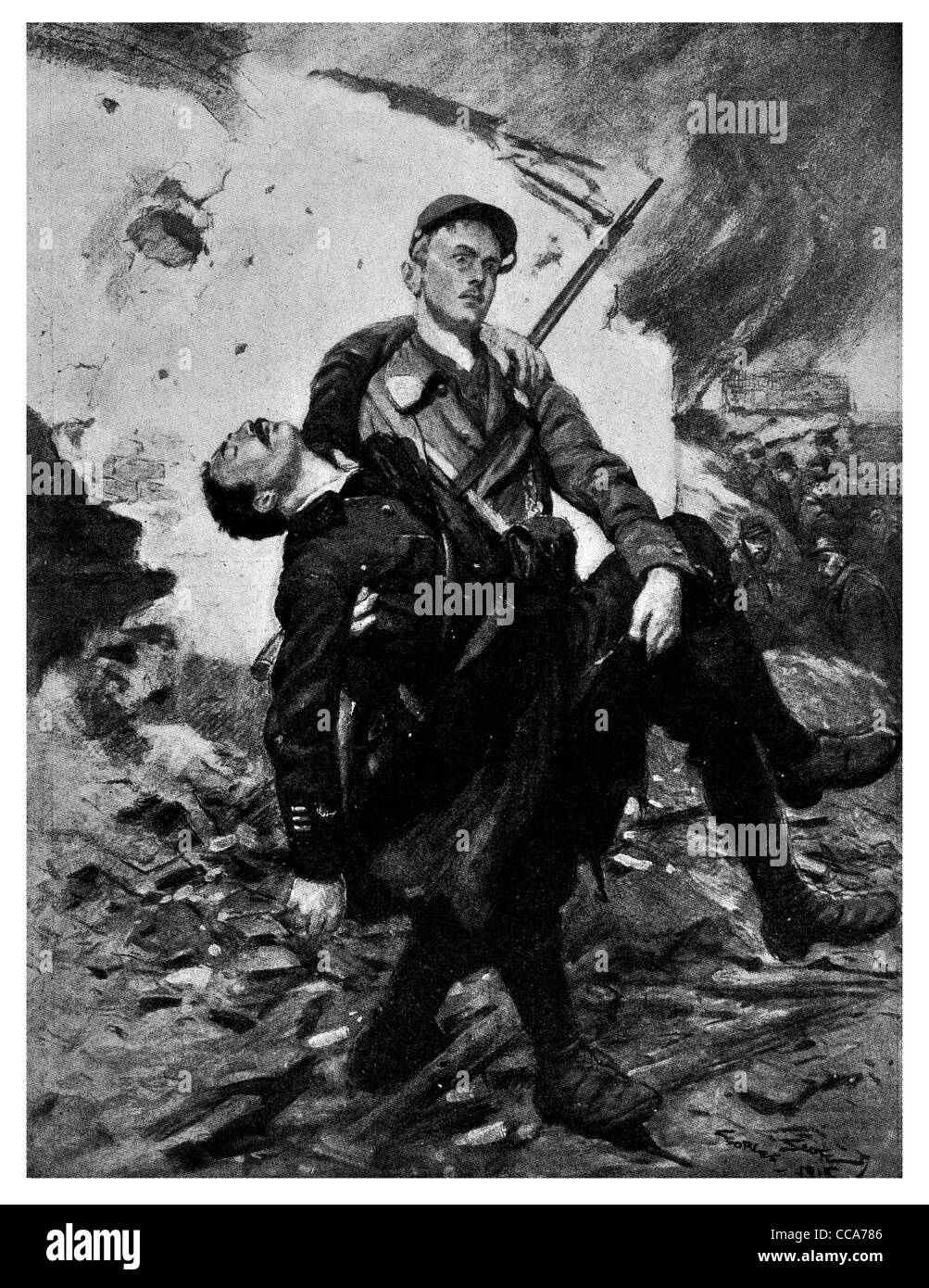 1916 two heroes Artist Gerges Scott explosion carrying rescue bomb caring help Hero Brave sad friendship friend Stock Photo