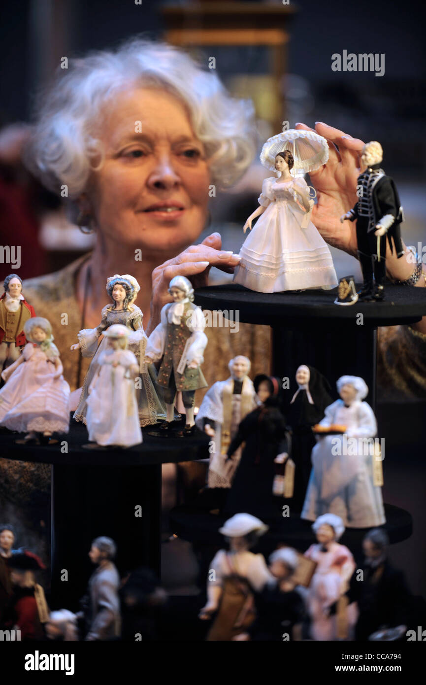 Veronica-Ann Pickup with her period dress dolls at 'Miniatura' - the dolls house and miniature modelling Show at The NEC, Birmin Stock Photo