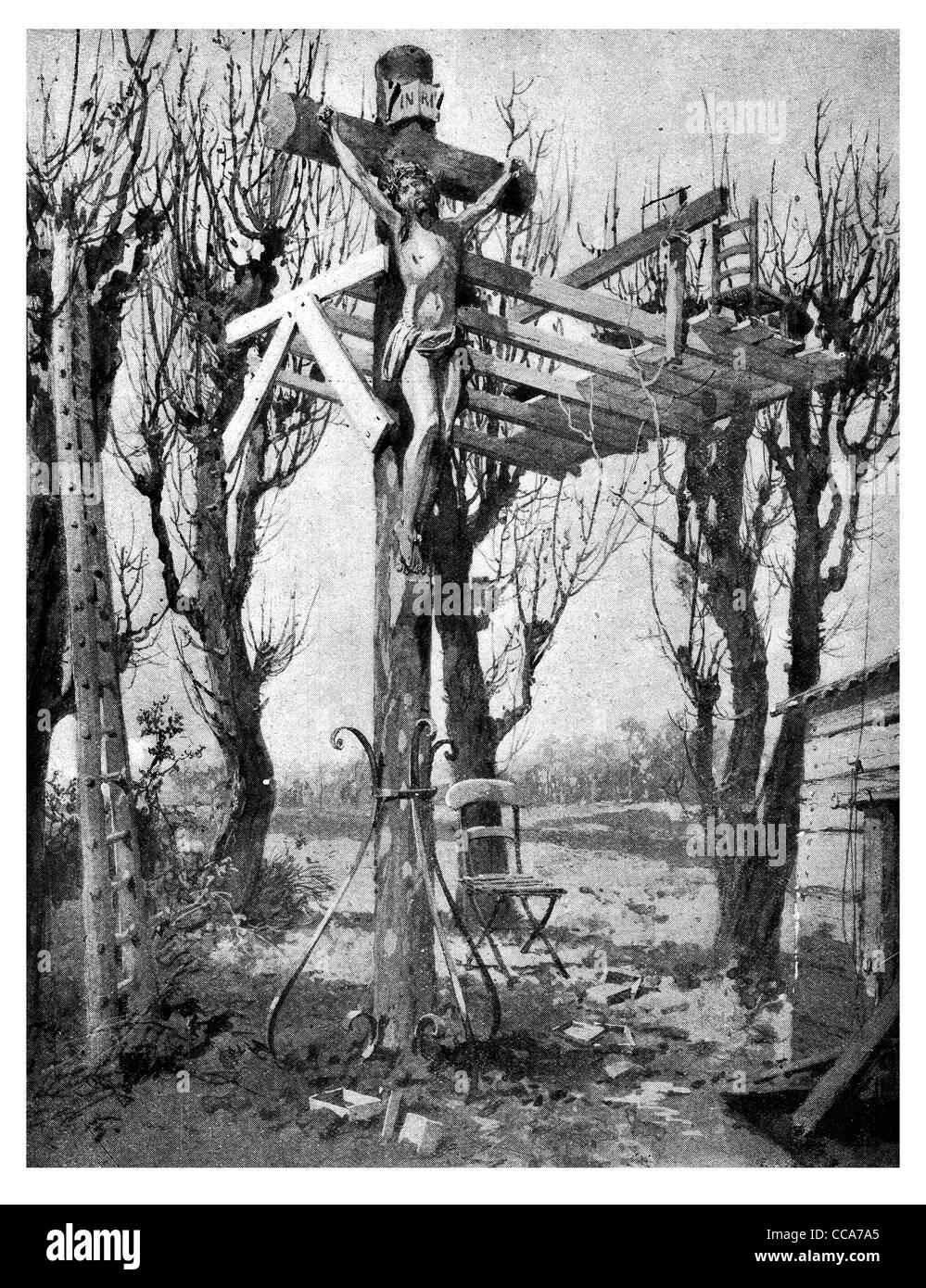 1918 German abuse Wayside Calvary Jesus Christ tortured soldier crucification crucifixion torture Christian Cross terror evil Stock Photo