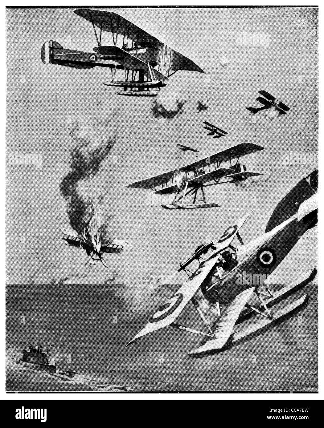 1918 British seaplane attack German submarine North Hinder U boat Royal air force RAF cockpit pilot machine gun bombing bomb Stock Photo