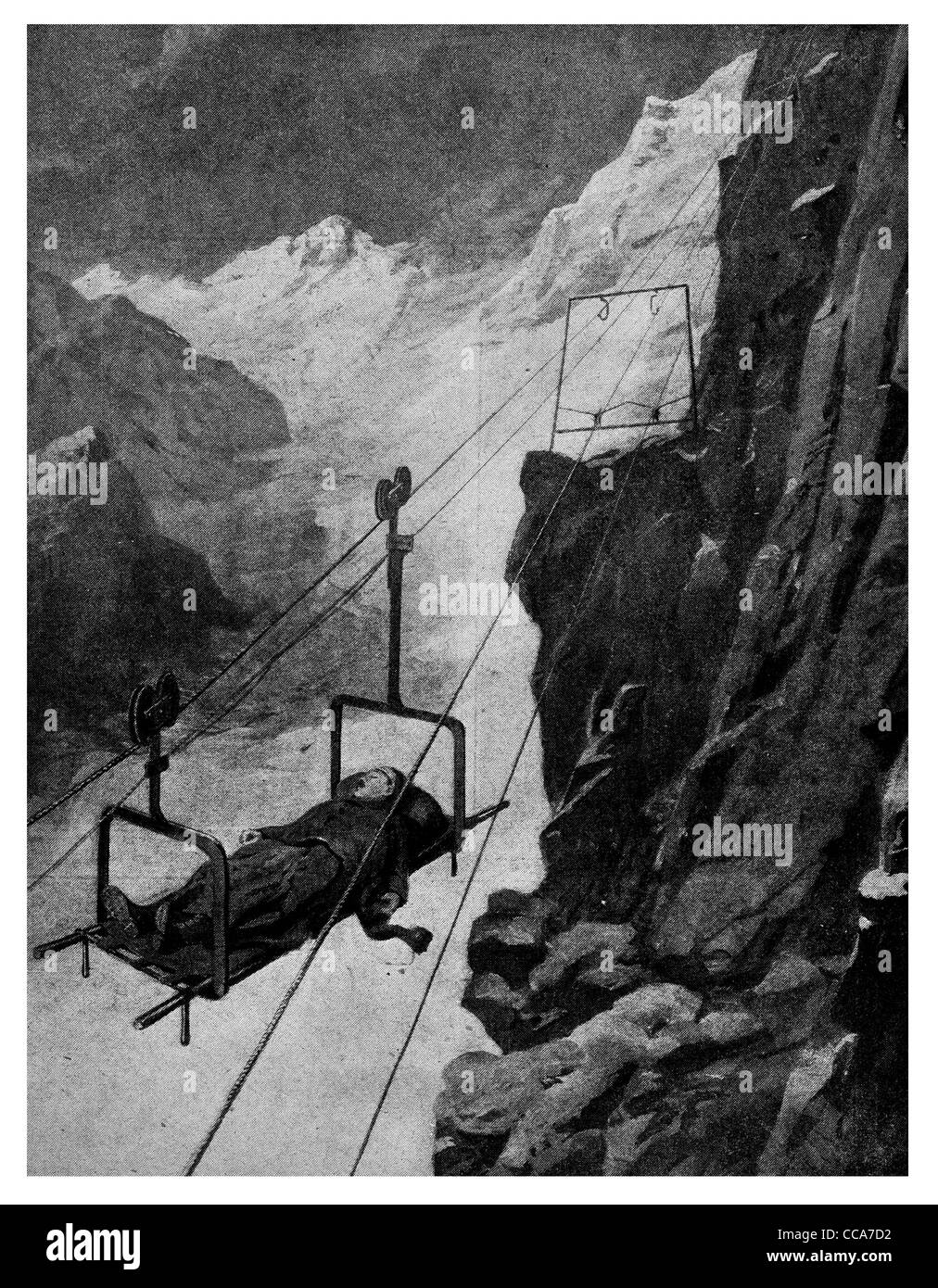 1916 wounded zip wire stretcher Italian Army Alpini elite mountain warfare rescue aid medical attention sick injured winter snow Stock Photo