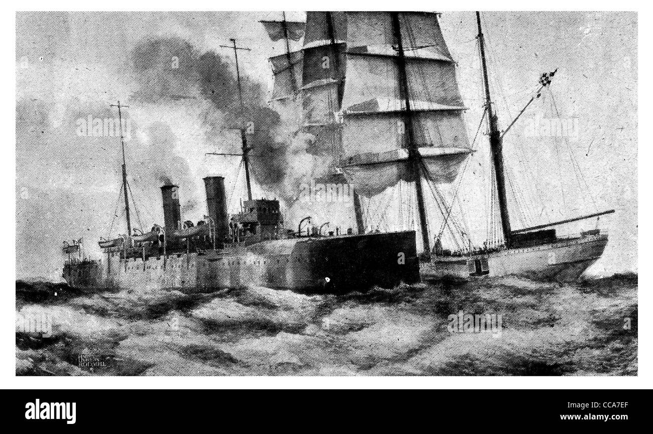 1918 British patrol cruiser rescue Windjammer struck mine sailing ship sinking explosive rescuing sea Royal Navy naval marine Stock Photo