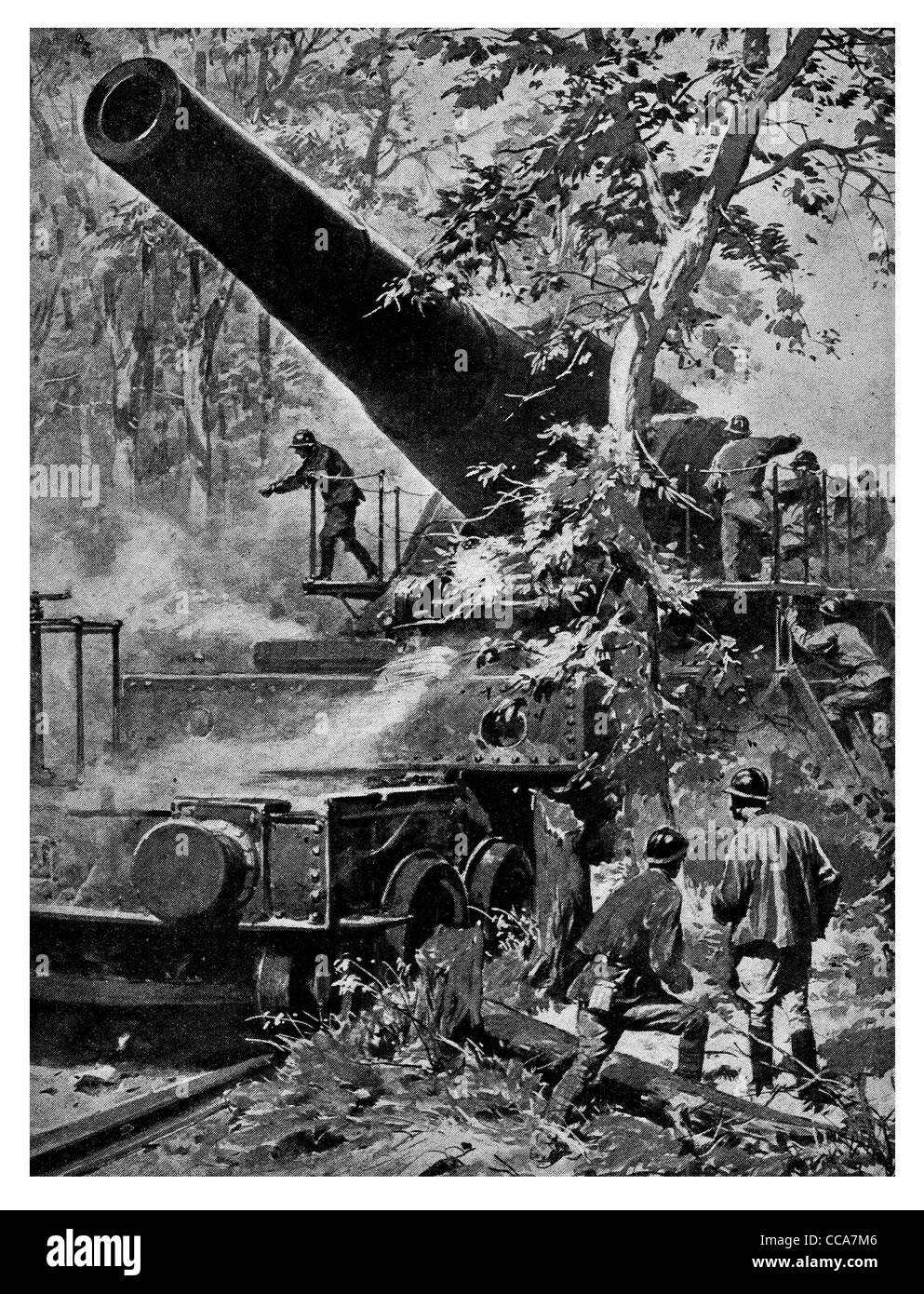 1916 German 20 inch gun train carriage rail weapon artillery monster giant gunners gunner massive cannon locomotive Stock Photo