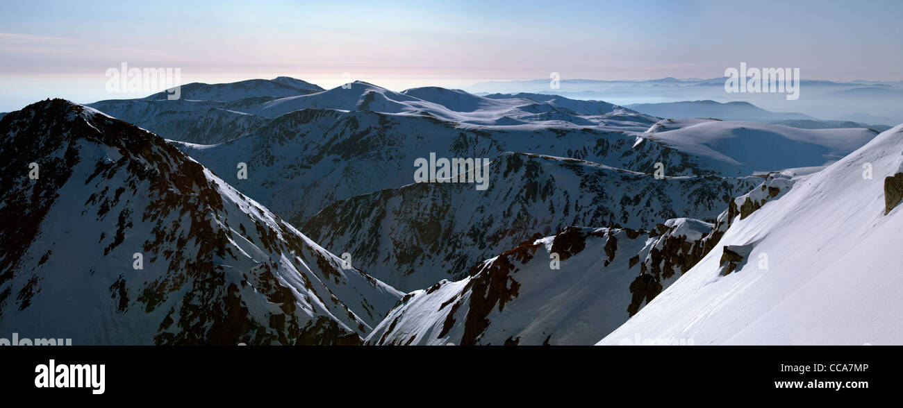 180° Panoramic view from Mussala peak, Rila mountain, the highest place on Balkans peninsula, Bulgaria Stock Photo