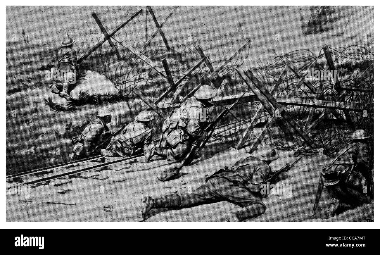 1918 British front line east Ypres waiting stealth barbed wire barricade bayonet rifle bombing grenade hiding defending Stock Photo