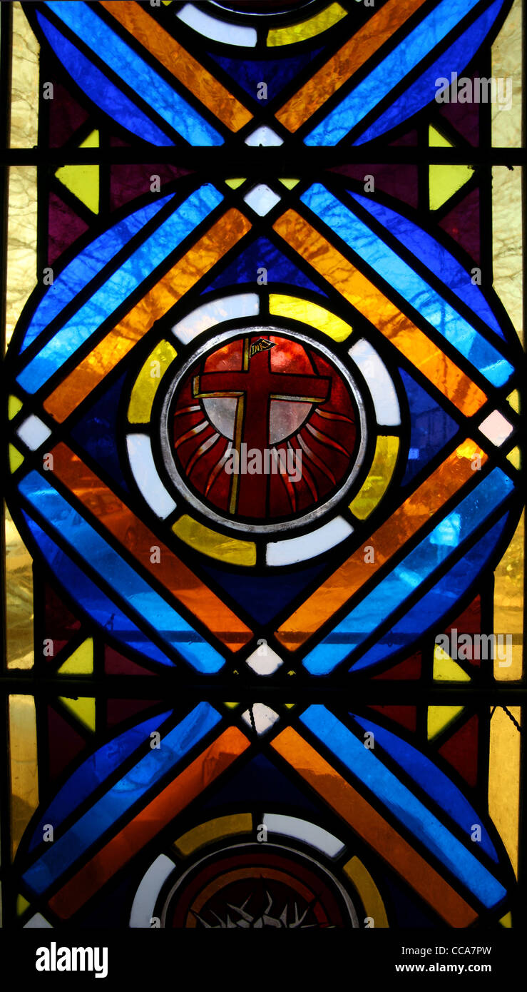 A colourful stained glass window in a church in Swansea, South Wales