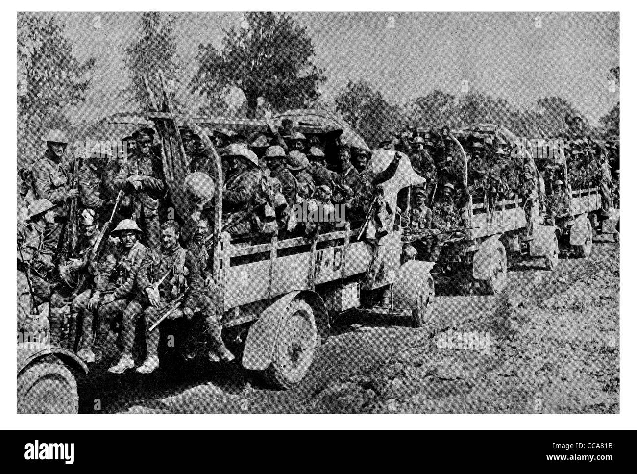 1916 Irish Brigade took Guillemont transport vehicle rifle uniform carriage truck trailer front line road dirt track regiment Stock Photo