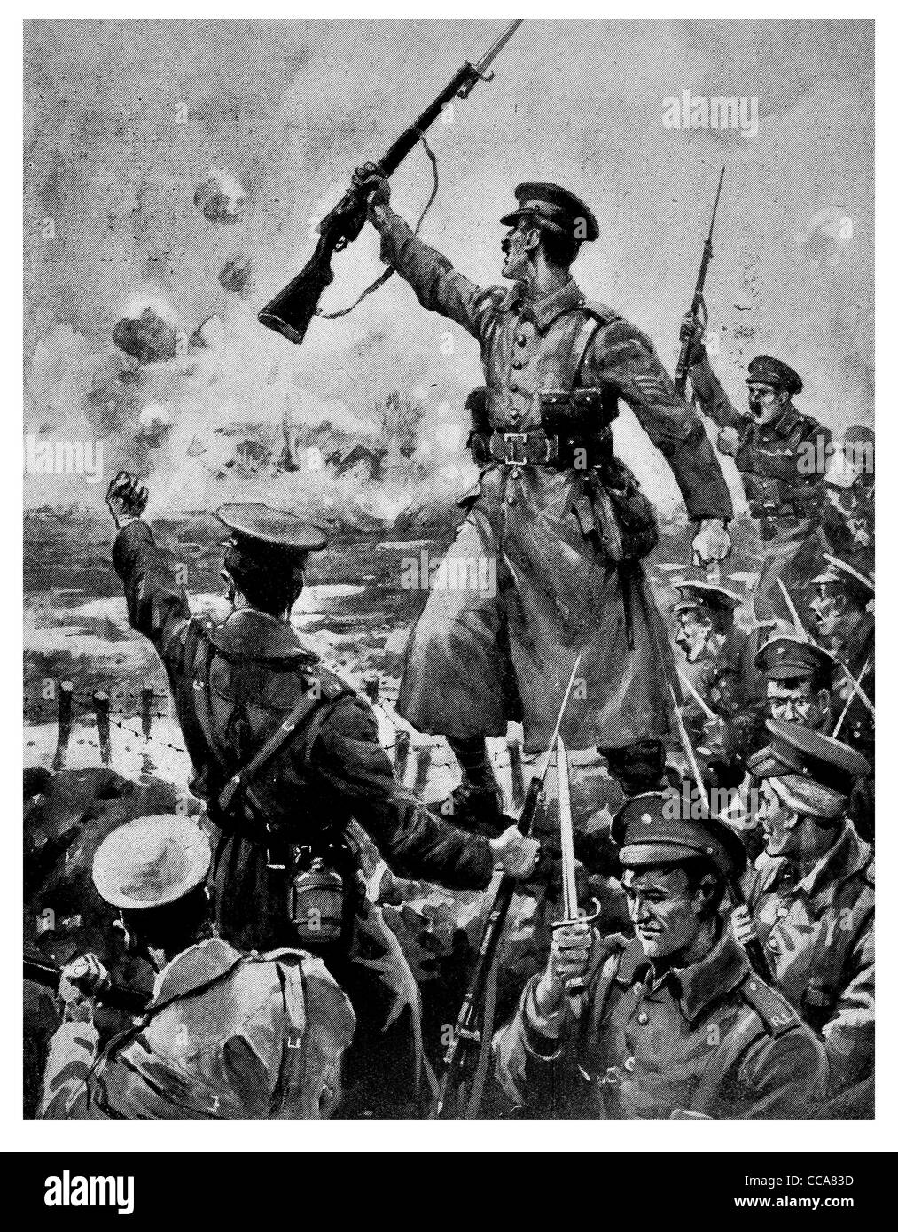 1915 British Infantry Neuve Chapelle France under artillery fire bayonet assault Croix de Guerre officer charge rifle Stock Photo