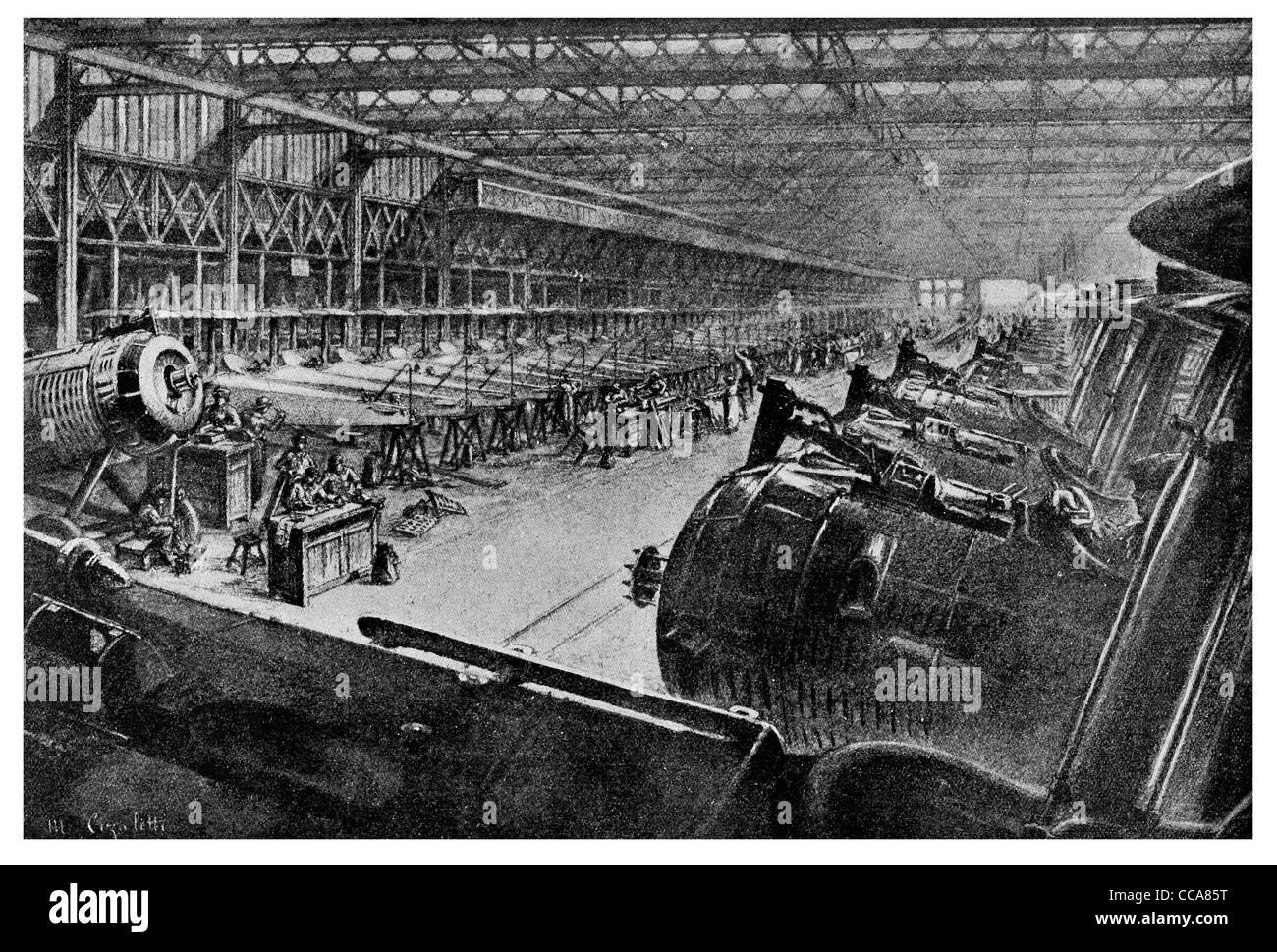 1918 Airplane factory France women engineer fitters working plane aircraft production line construction female engineers Stock Photo