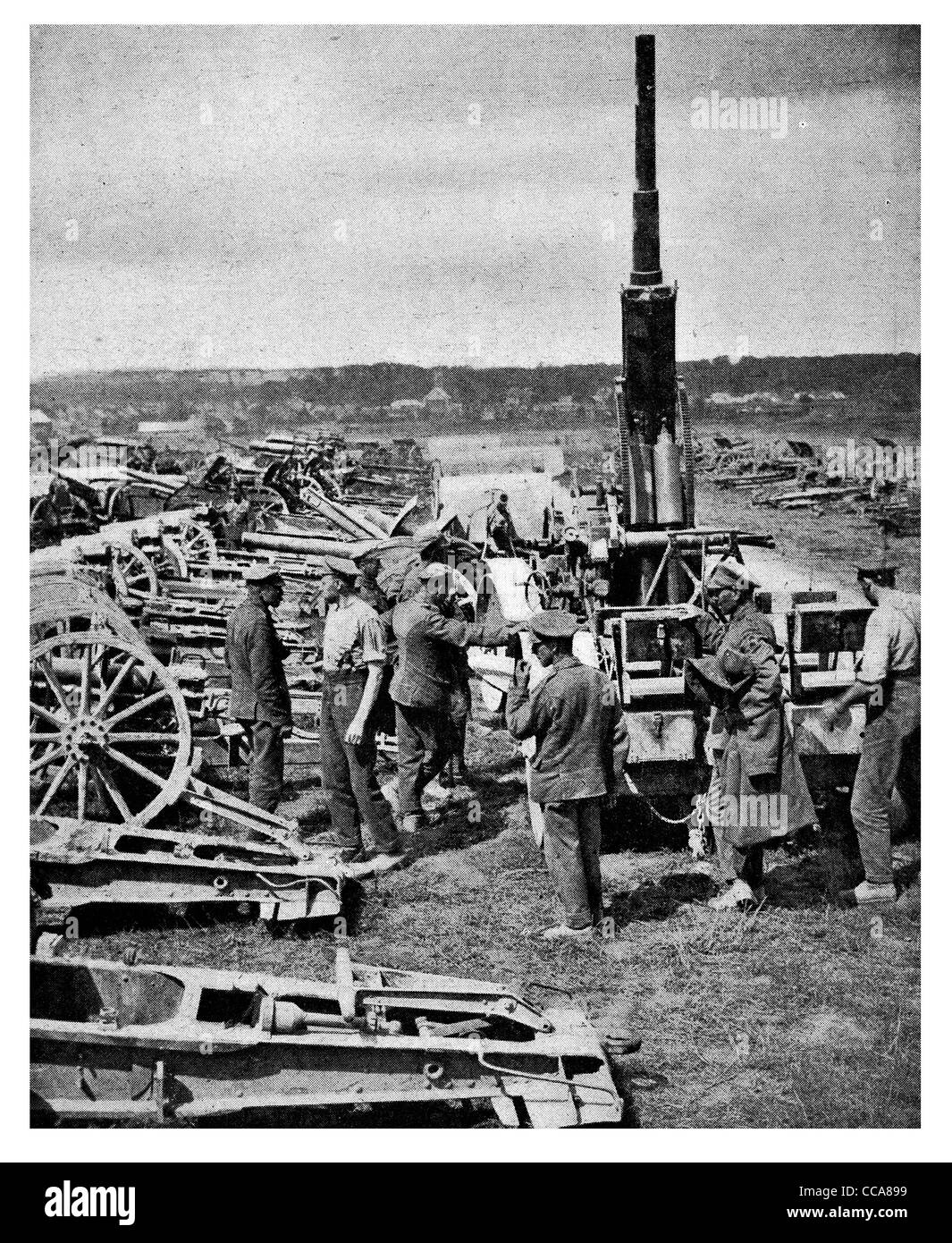 1918 Artillery captured Canadian troops German anti aircraft artillery shells ammunition dump prize spoils of war gunner Stock Photo