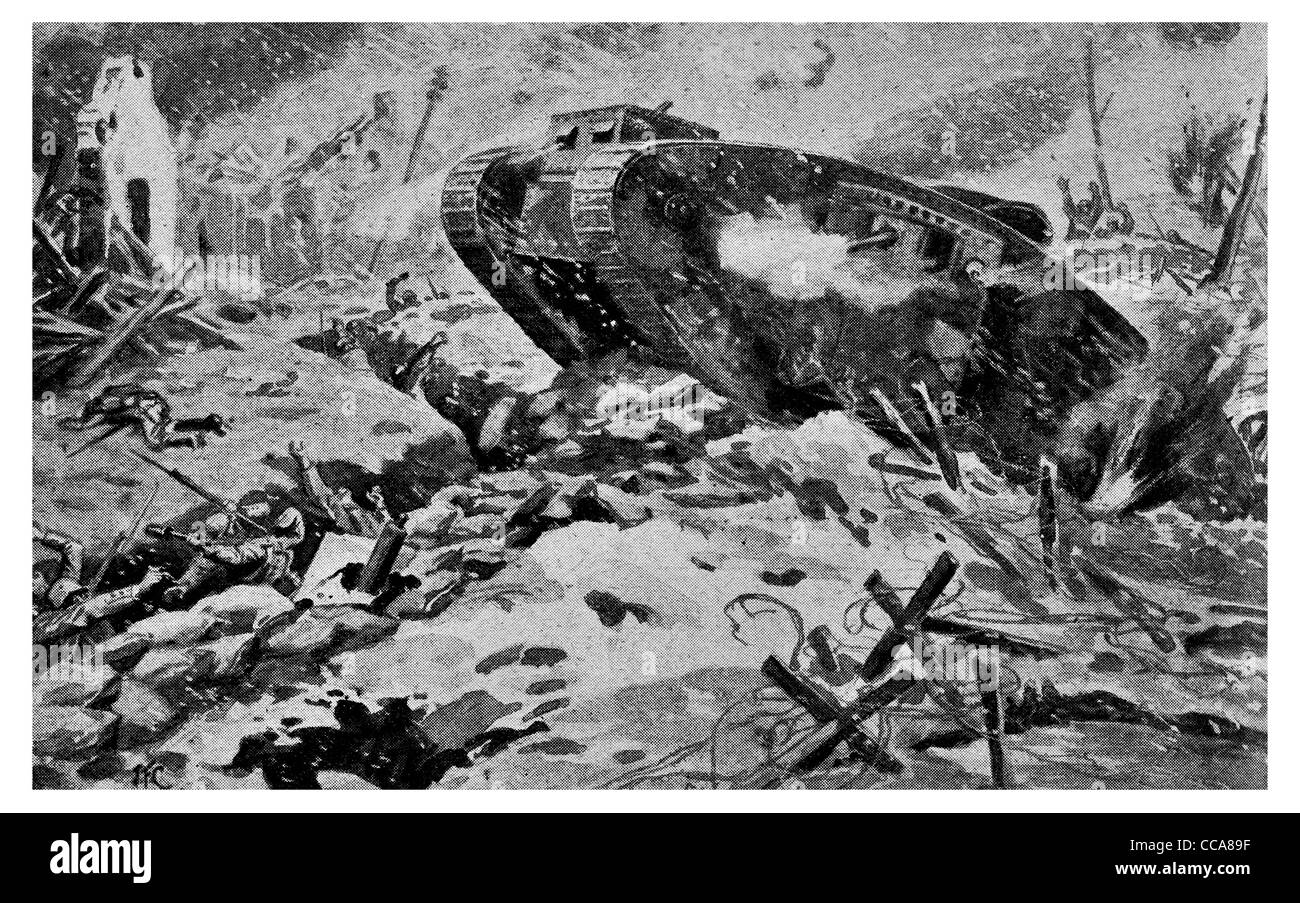 1917 British Tank Wancourt Heninel fought for 40 hours German machine gun fire gunner infantry assault  barbed wire trench town Stock Photo