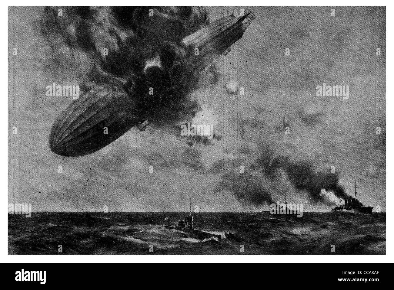 1916 shot down HMS Galatea Phaeton May 4th Submarine Zeppelin explosion exploded destruction crash sunk aircraft airship air Stock Photo