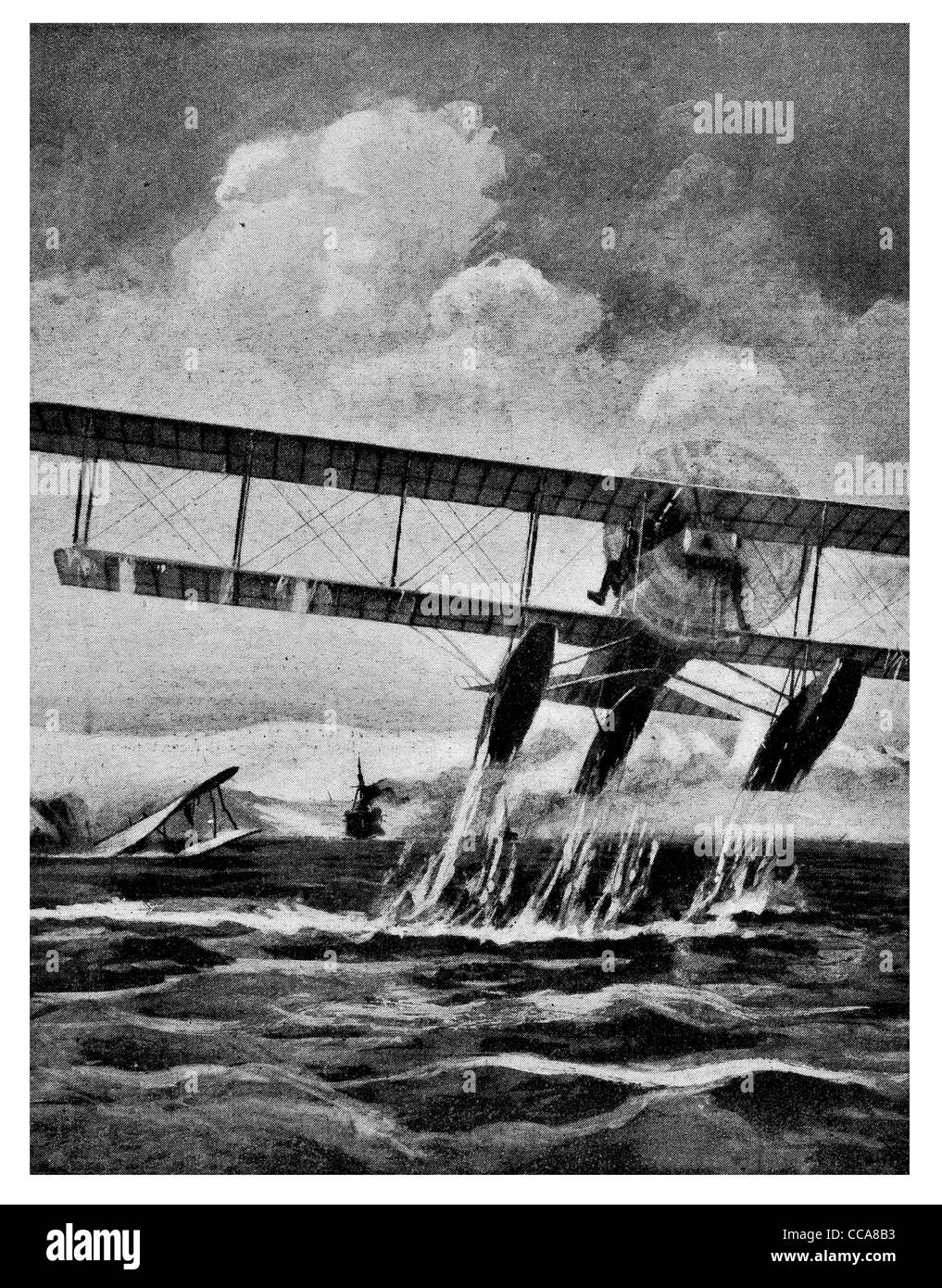 1916 Austrian pilot saves fellow pilot under heavy gun fire Gulf of Cattaro rescue saving brave water plane airplane Air force Stock Photo