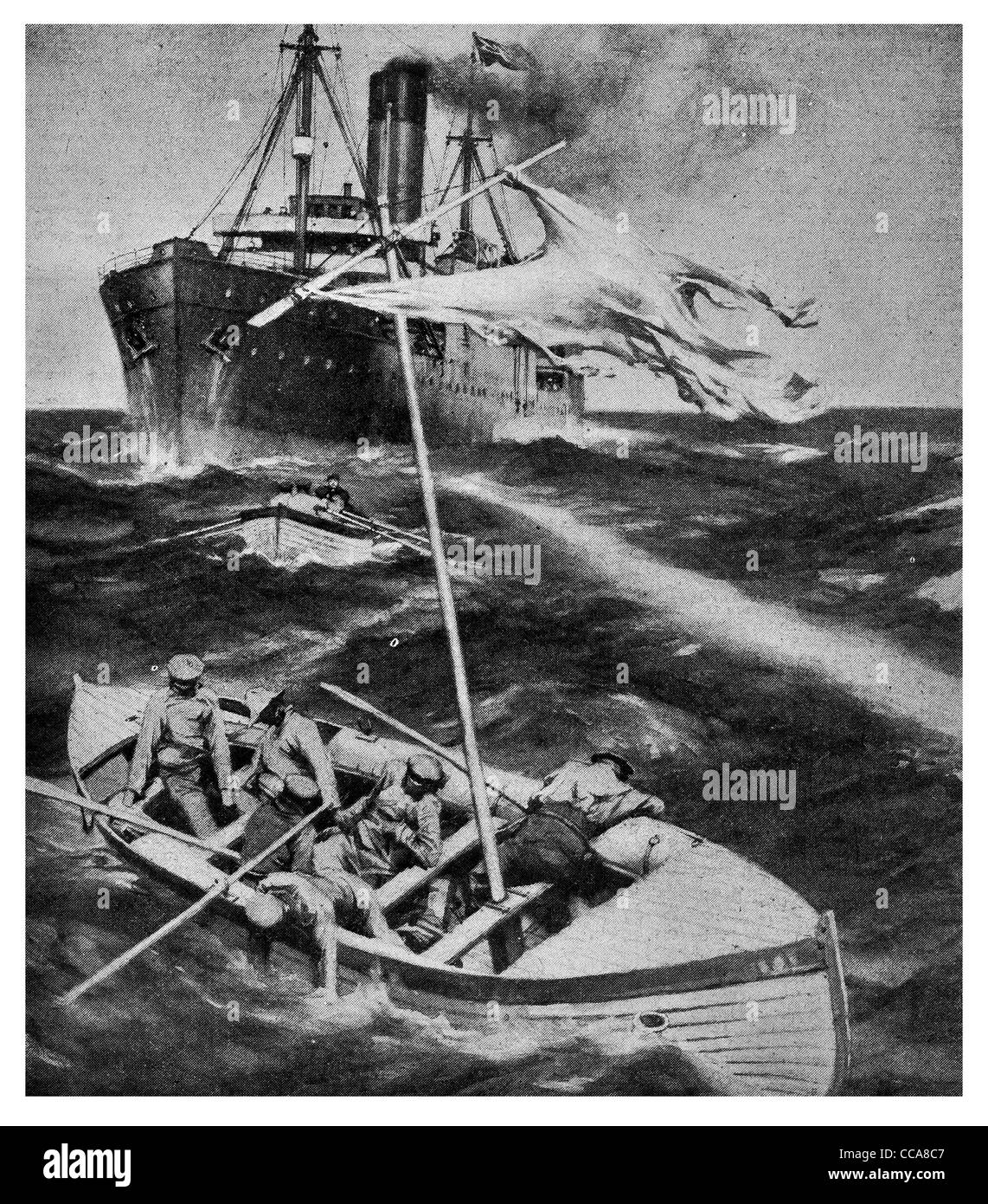 1917 Trap set German U Boat submarine dummy dummies decoy tactic white flag fake transport ship merchant supply vessel rescue Stock Photo