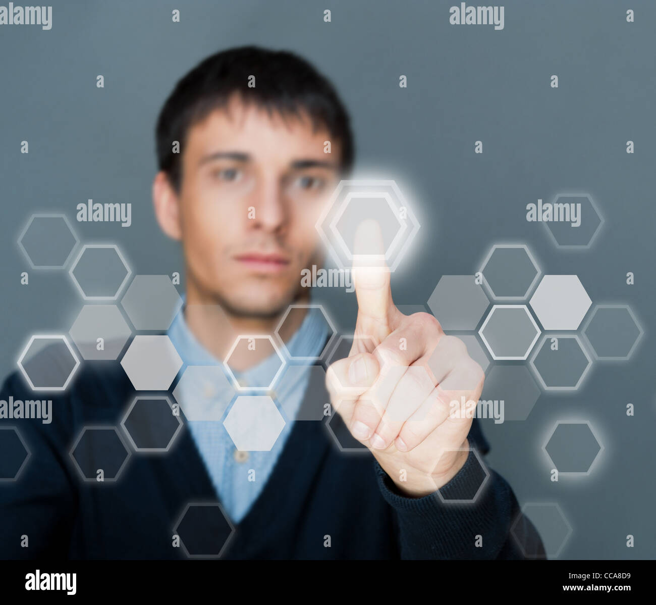 Business man pressing digital button, futuristic technology Stock Photo ...