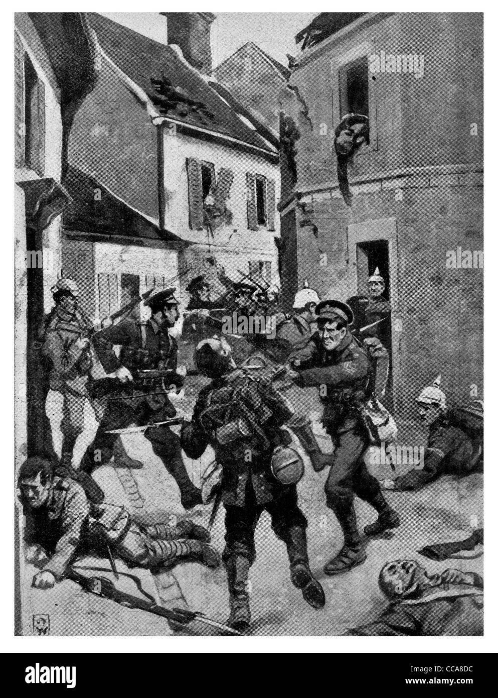 1915 hand to hand street fighting Loos September 25th house to house combat rifle bayonet dead bodies body terror shock Stock Photo