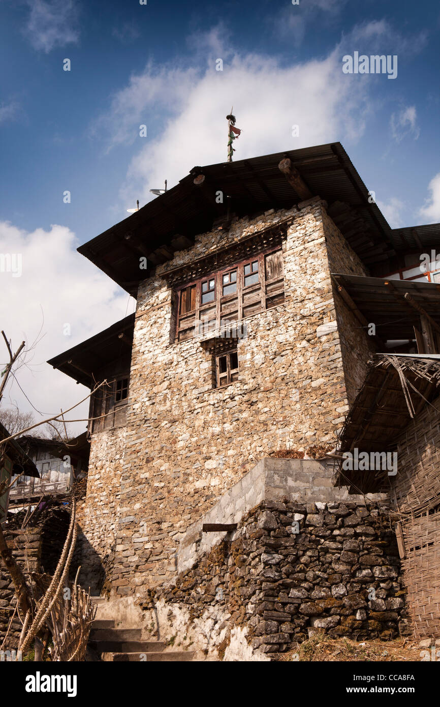 India, Arunachal Pradesh, Tawang Valley, Lhou village, traditional stone built fortified tower house Stock Photo