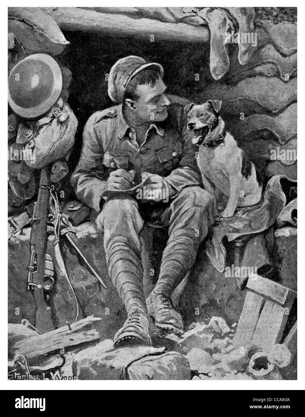 1917 British trench soldier pet dog French village writing letter home family love dug out rifle helmet uniform yawning yawn Stock Photo