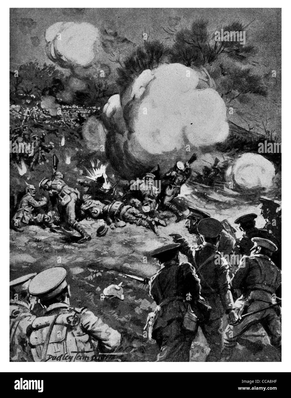 1915 Hill 60  German slaughtered British rifle bayonets Chemical warfare weapon tear mustard gas respirator mask poison goggles Stock Photo