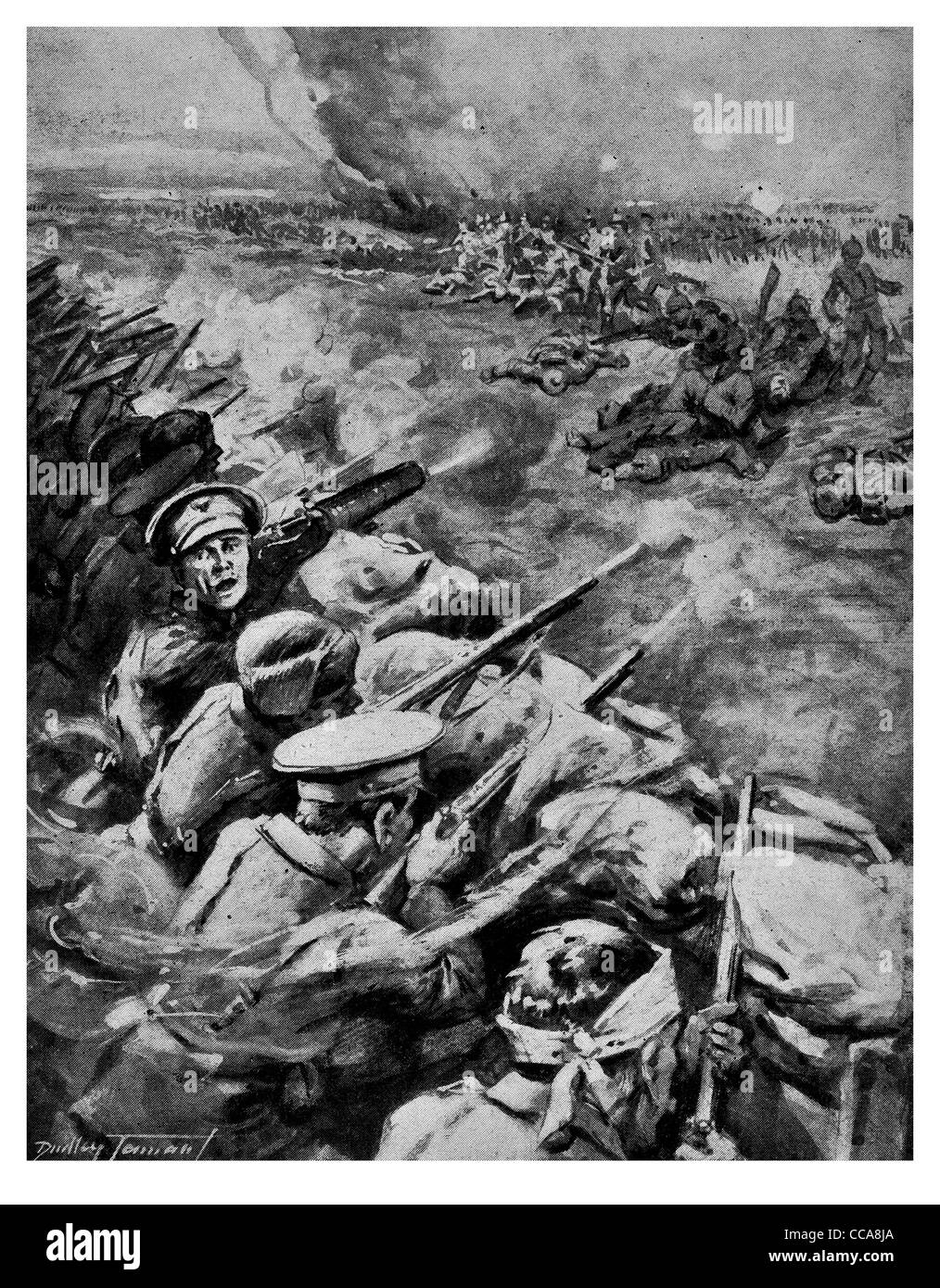 1915 British shoot down 8000 Germans Hohenzollern rifle fire firing machine gun gunner captain officer slaughter horror front Stock Photo