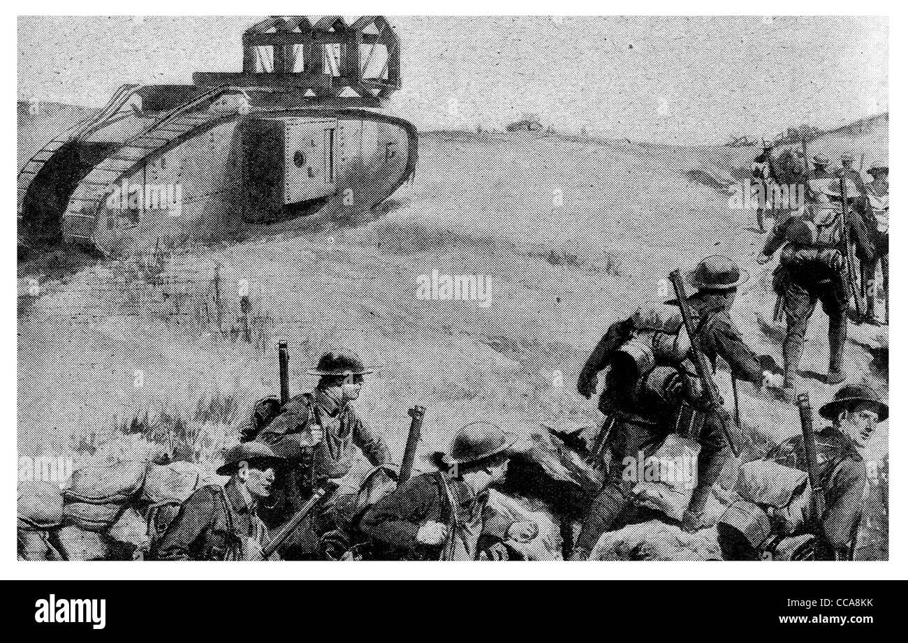 1918 British infantry advancing trench great advance Hindenburg line September 18th tank caterpillar track rifle sand bag grass Stock Photo