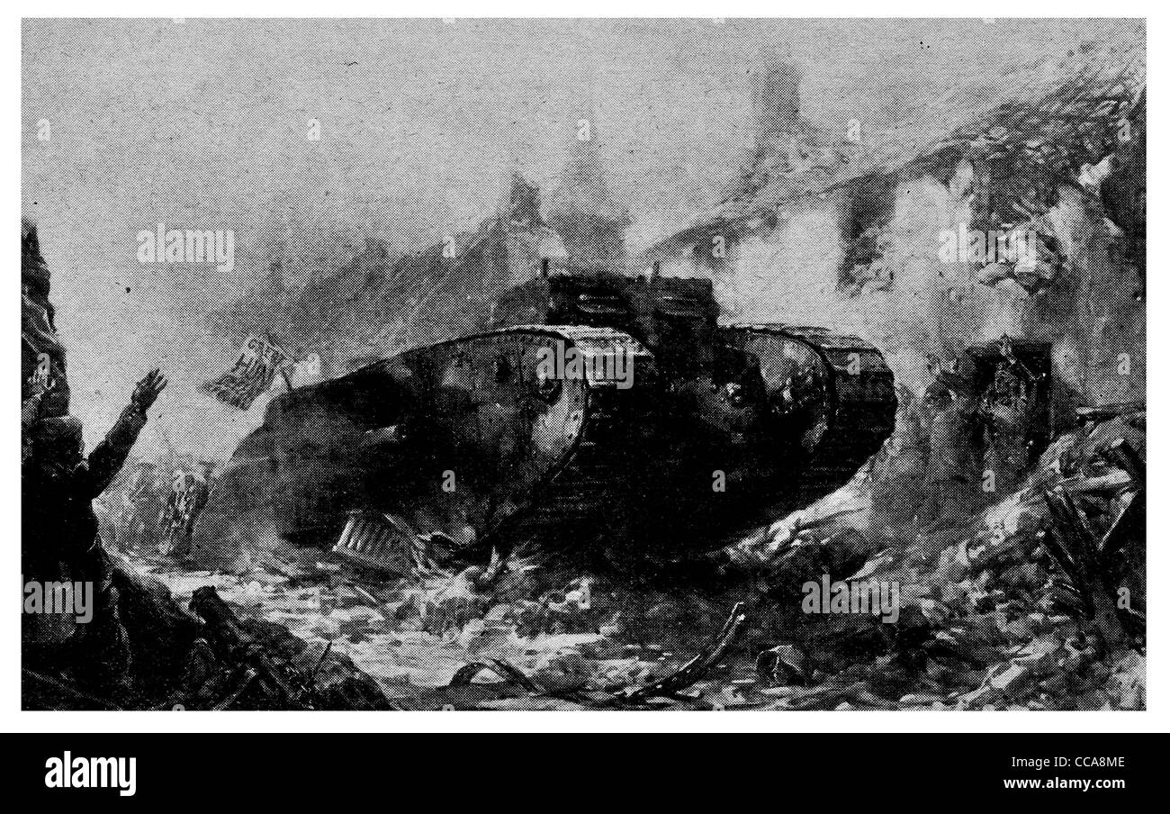 1916 Tank village street attacking German rubble total destruction burning bombed bombardment machine gun danger advance Stock Photo