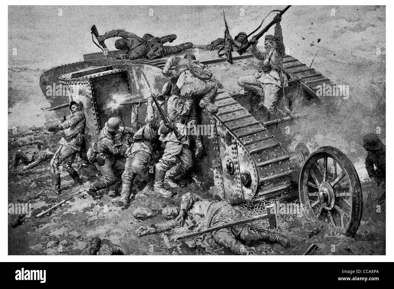 1916 British tank slaughter German men machine gun caterpillar track armoured vehicle rifle terror hell trench front line action Stock Photo