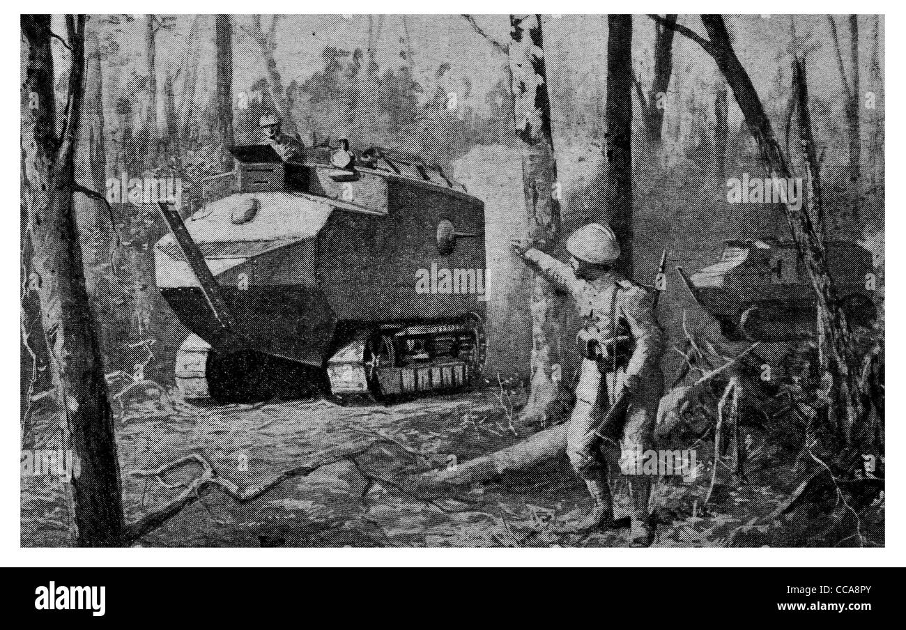 1917 French tank advancing woods forest armoured vehicle car caterpillar track machine gun column dirt road front line Stock Photo