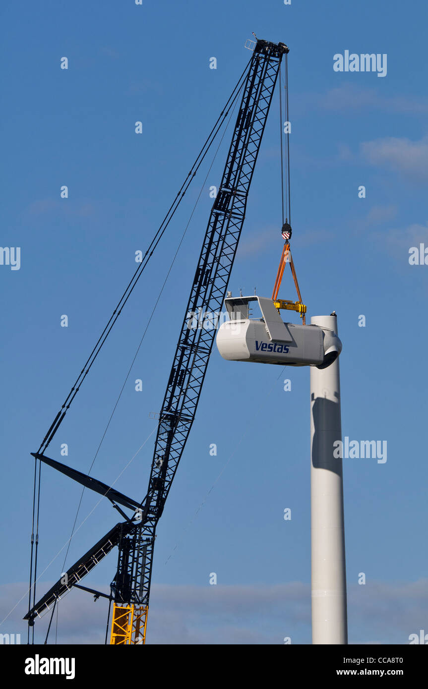 A  LIEBHERR LTM 11200-9.1 crane , mounting a Vestas wind turbine Stock Photo