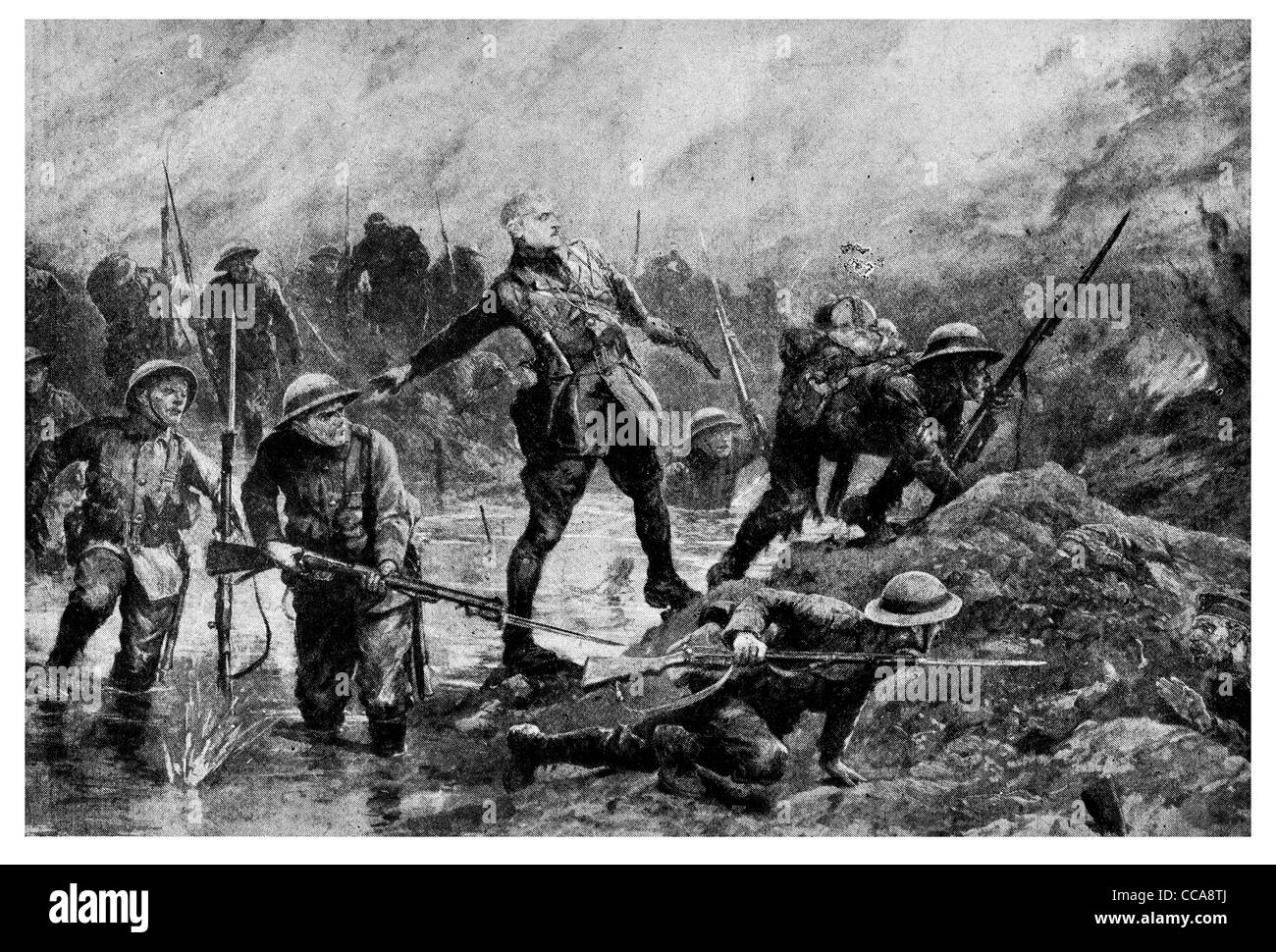 1917 Moonlight attack Battle of the Somme charge bayonet rifle swamp pistol officer front line action trench charging gun weapon Stock Photo