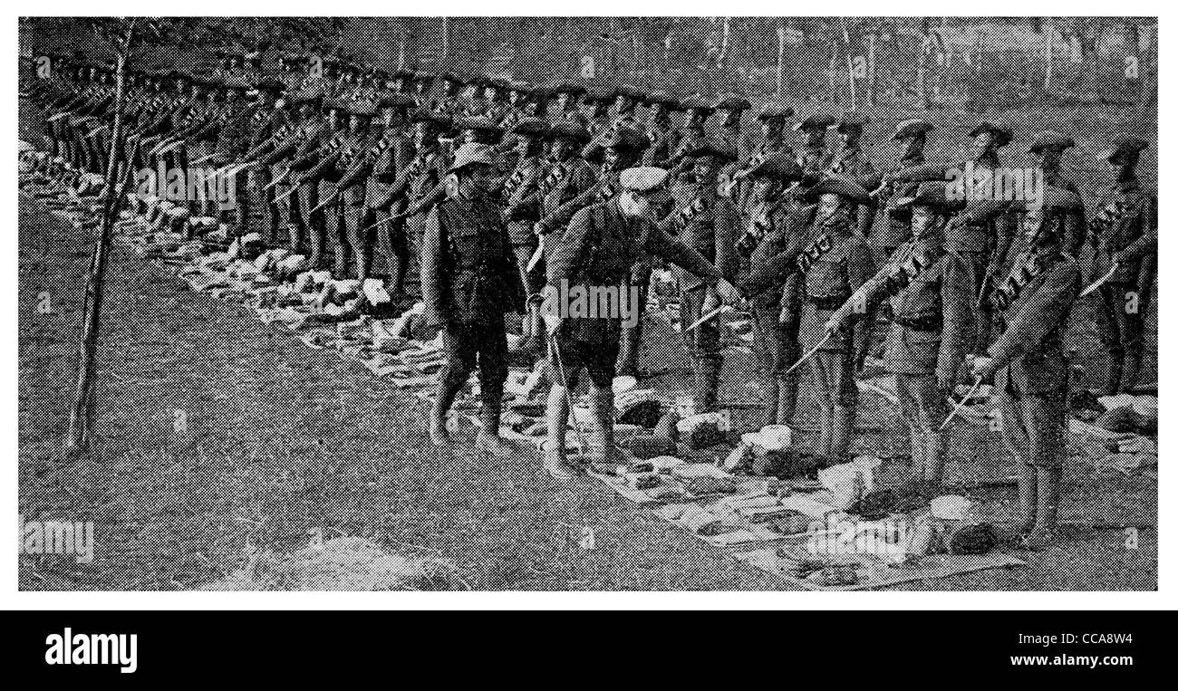 1916 Sikh Gurkha Jodhpurs kit inspection before front line action parade officer uniform bayonet equipment rifle Stock Photo