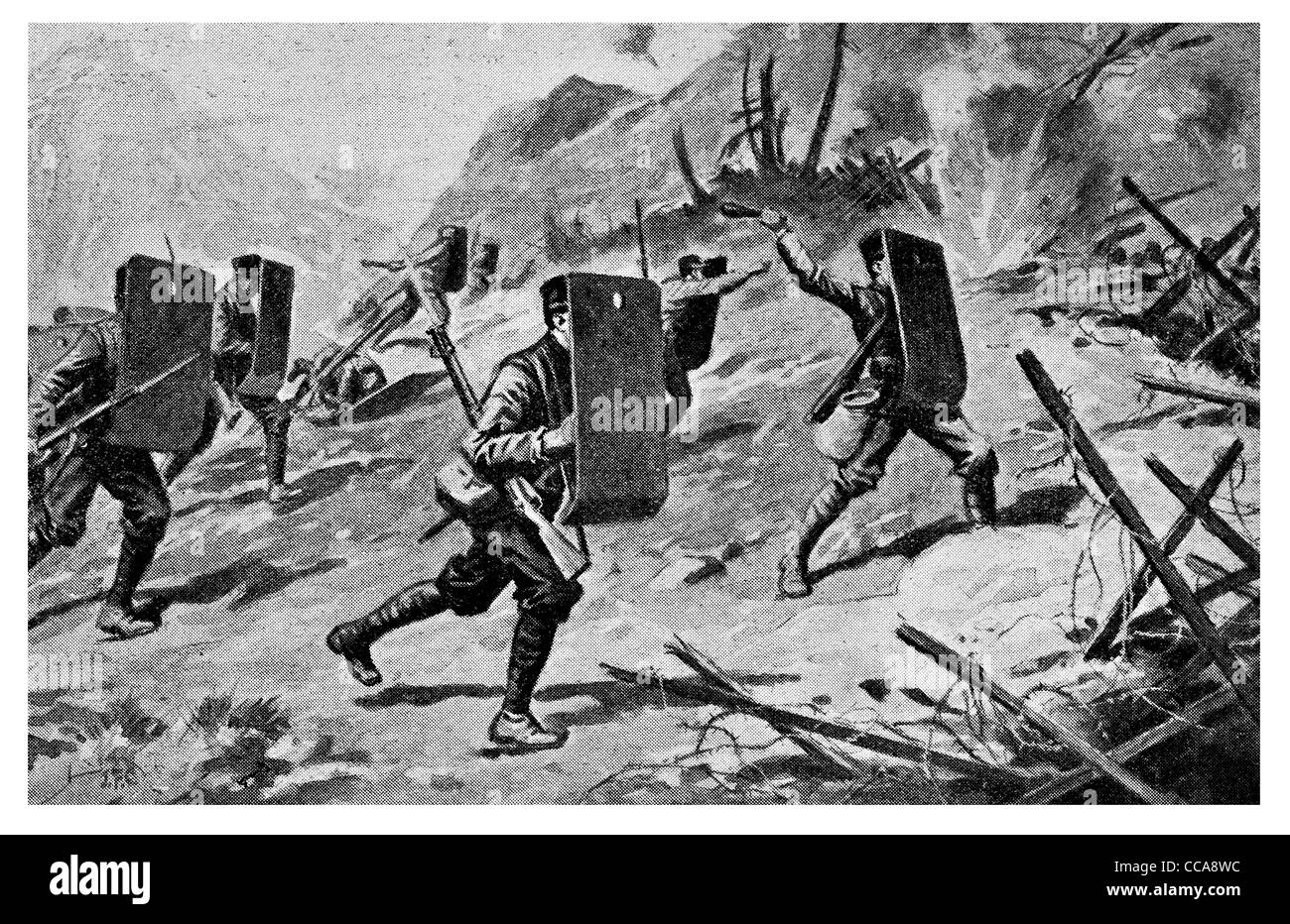1917 Italian soldiers attacking enemy line bullet proof shields armoured shield hand grenade barbed wire rifle bayonet barricade Stock Photo