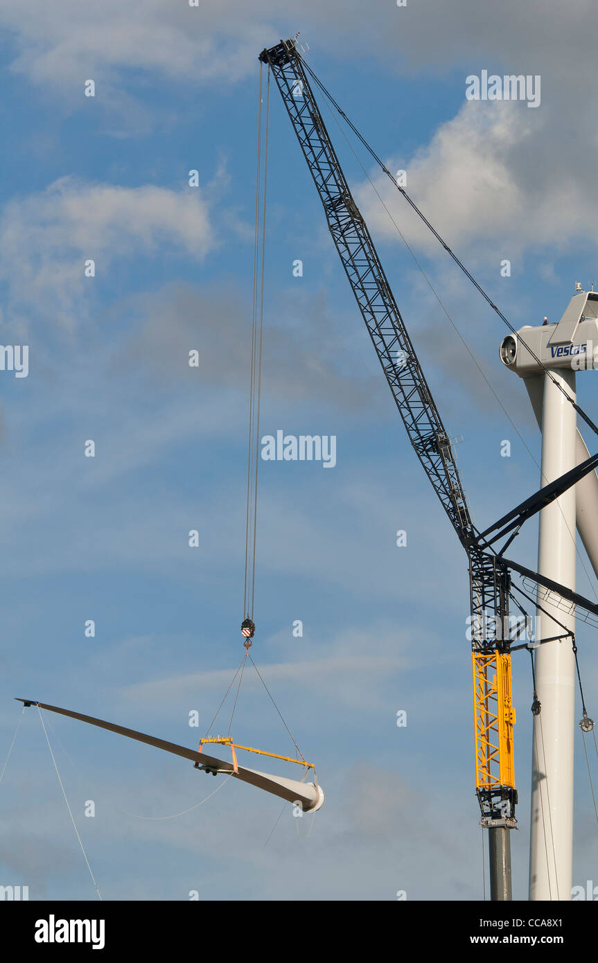 A  LIEBHERR LTM 11200-9.1 crane , mounting a Vestas  wind turbine Stock Photo