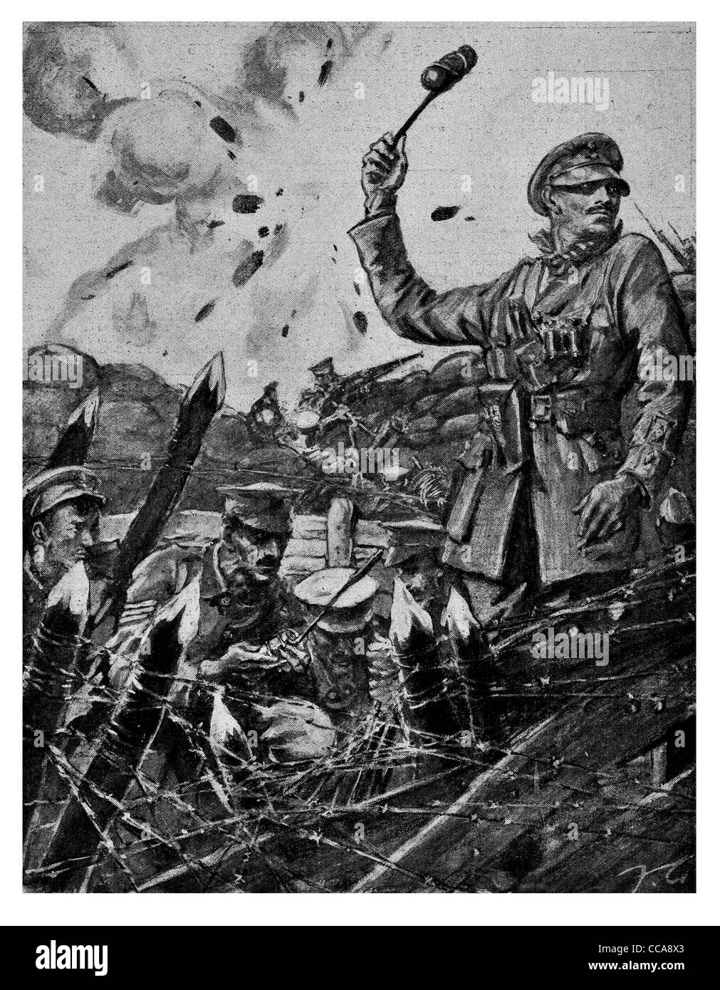 1915 Under artillery fire British soldier throwing hand grenade at Hohenzollern front line barbed wire trench explosion exploded Stock Photo