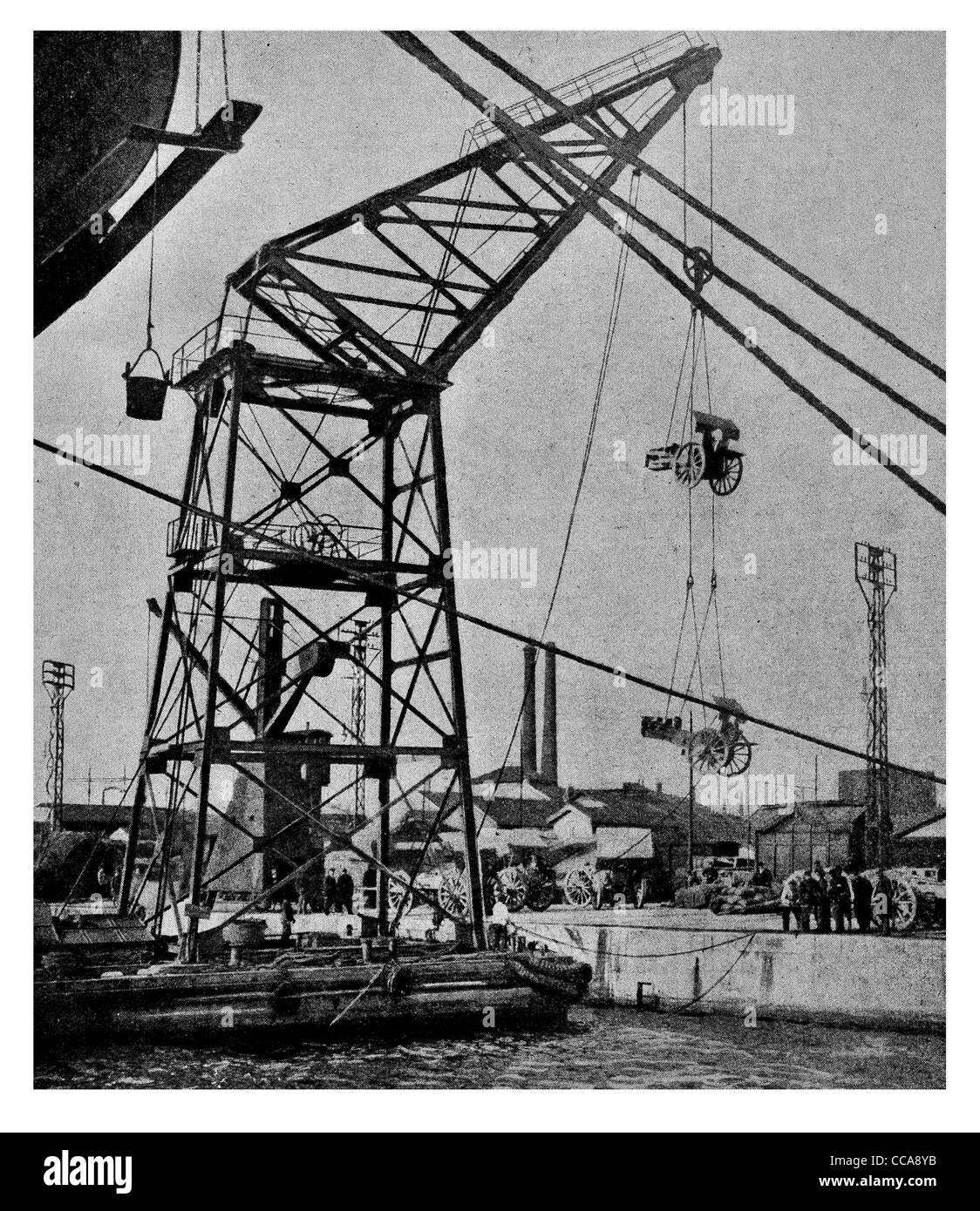 1915 Huge crane weapon munition equipment  Balkan field France merchant vessel cargo freight artillery machine gun Navy Stock Photo