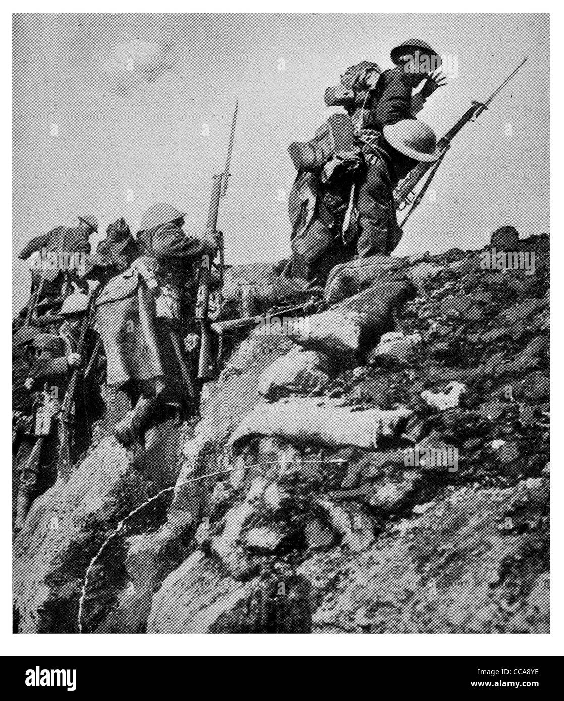 1917 Canadian battalion leaving trench over top charge advance bayonet rifle dug out barbed wire sandbag last stand brave Stock Photo
