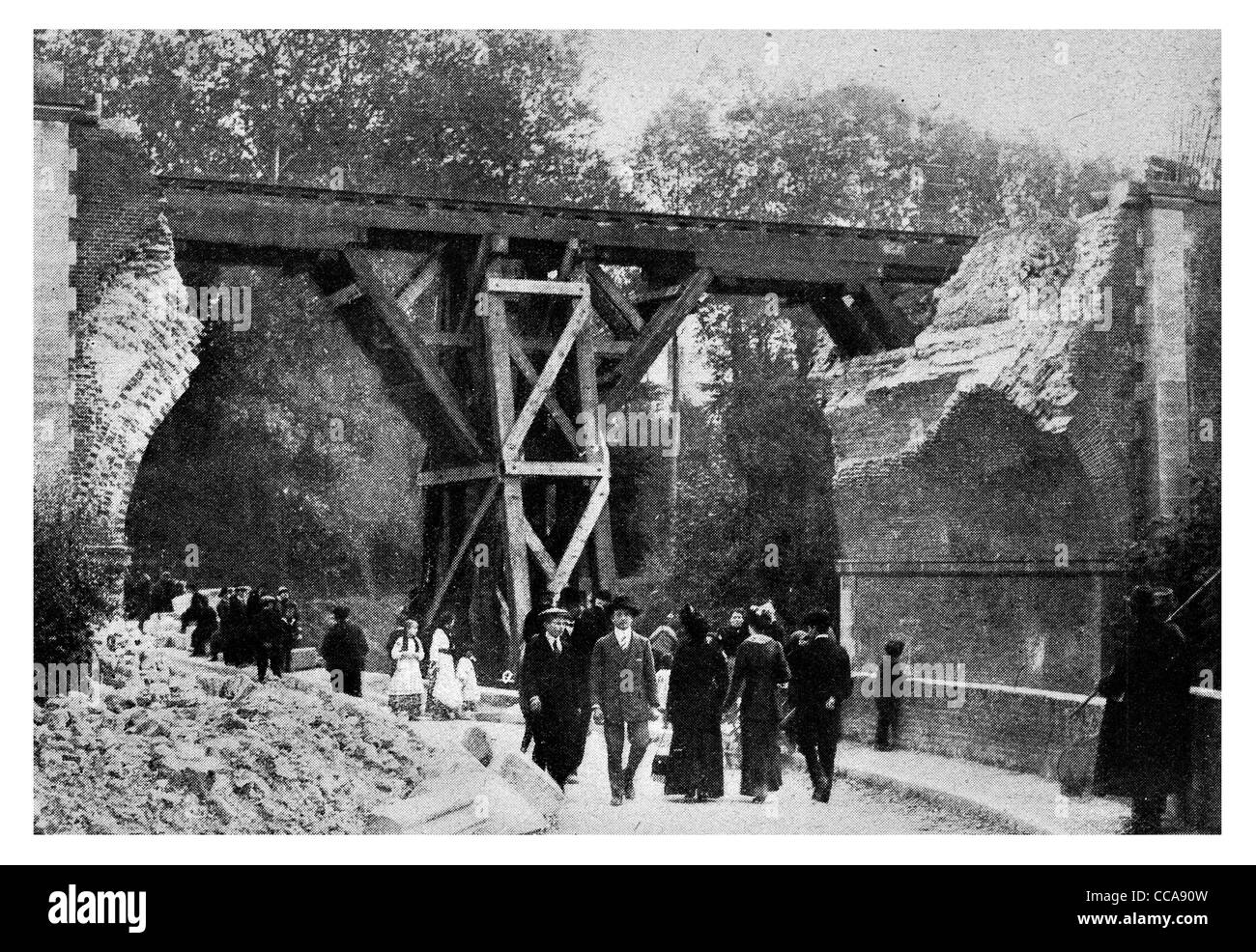 Military Royal Engineers skill at Ameins Rouen timber bridge engineering structure railway rail train track reconstruction road Stock Photo